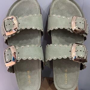 Indigo Sage Green Double Buckle Studded Slide Sandals